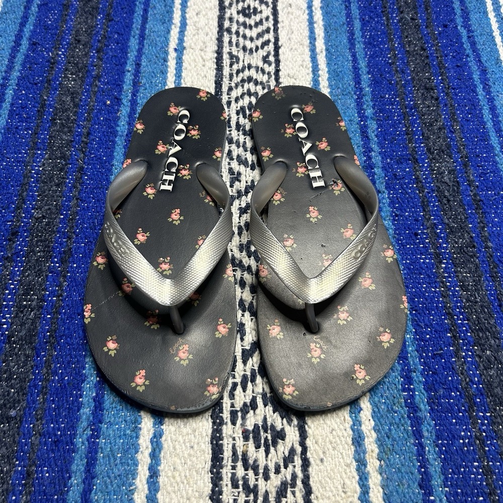Coach blue Floral Flip Flop Sandals Silver Straps Womens Size 7-8